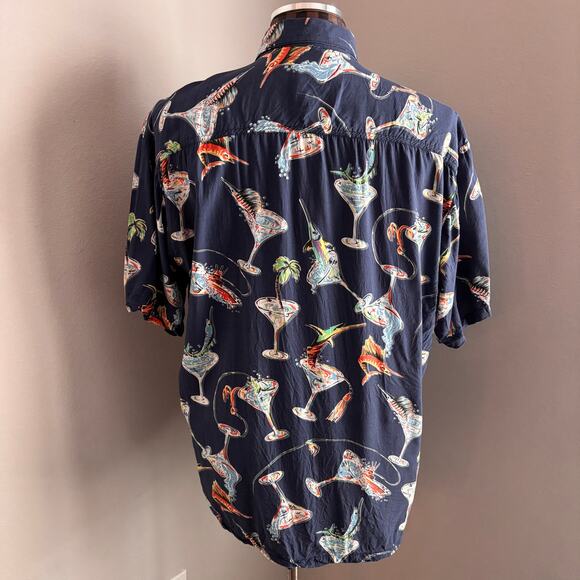 Kahala Mens Hawaiian Shirt Size Large Blue Short Sleeve Martini Glass Fish Aloha - Picture 3 of 6